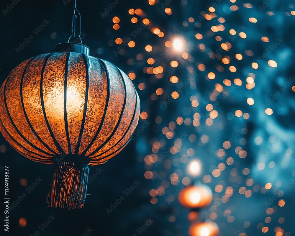 Poster illuminated lantern glowing against a bokeh backdrop of lights.