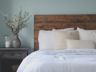 stylish bedroom with light blue wall and soft bedding
