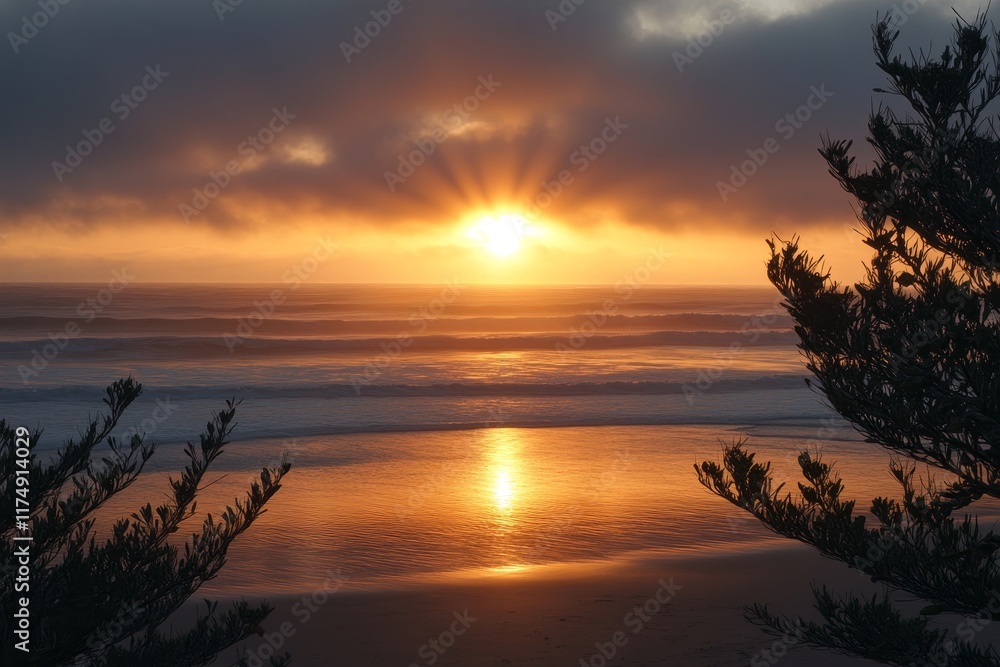 Wall mural Tranquil ocean sunset  golden sun reflects on calm waters amidst warm hues and coastal flora