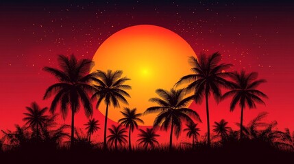 Fiery Sunset Silhouette of Palm Trees on a Tropical Beach