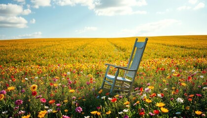 Rocking chair in colorful flower field
