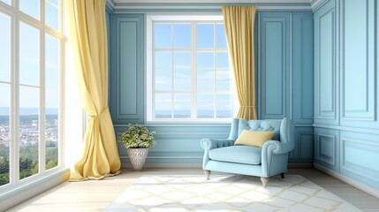 Fototapeta premium A pastel living room with a sky-blue armchair, pale yellow curtains, and a white rug with geometric patterns.