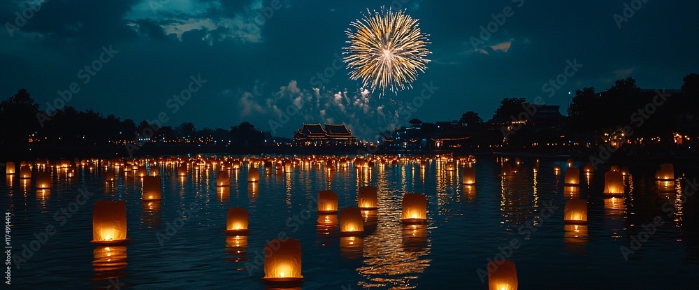 Poster floating lanterns illuminate a lake at night, fireworks explode in the sky.