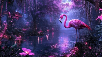 A surreal pink flamingo in a vibrant fantasy forest filled with colorful and glowing elements.