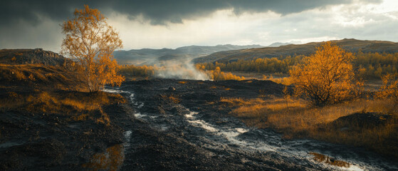 Fototapeta premium Moonscape revealing deep ravines and vibrant colors under a dramatic sky