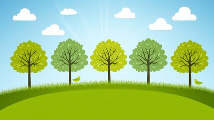 Fototapeta premium Five stylized trees on a verdant hill under a sunny sky
