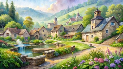 Fototapeta premium Serene Village Landscape Picturesque Stone Houses, Lush Gardens, and Tranquil Pond in a Rolling Hill Setting