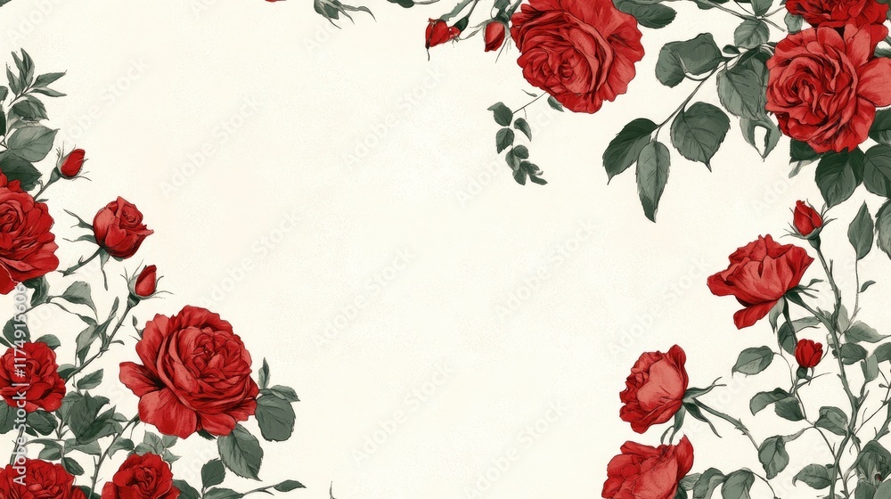 Poster a valentines layout with red roses forming a floral border around a clean, neutral background with a