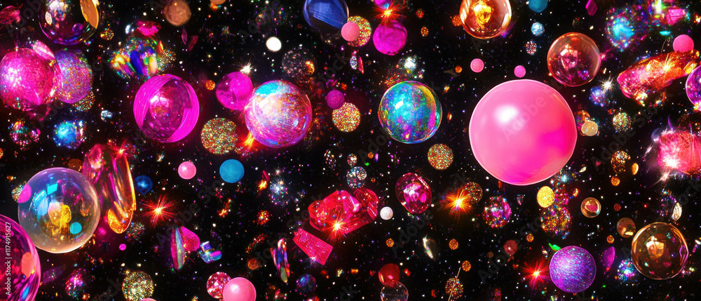Poster vibrant display of space debris floating in low earth orbit with striking colors