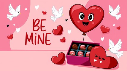 A cute cartoon-style illustration of a Valentine's Day scene with a heart-shaped balloon and a box of chocolates. There are also hearts and doves flying around. 