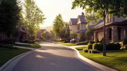 A peaceful suburban street with elegant houses, driveway spaces, and a touch of sunlight filtering through trees.