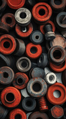 Industrial template, mix of cylinders, bolts and nuts, wrench. Copy space. Generative AI