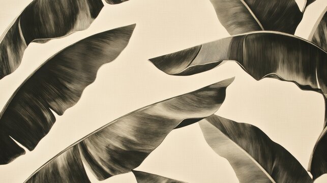Monochrome banana leaves on beige background.