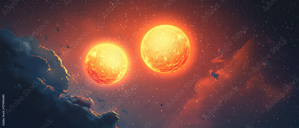 Poster stunning binary star system with two bright suns surrounded by cosmic clouds