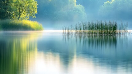 Fototapeta premium A serene lake scene with misty reflections, surrounded by lush greenery and gentle reeds, creating a tranquil and picturesque natural landscape.