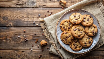 Fototapeta premium A plate of freshly baked chocolate chip cookies sits on a rustic wooden table, surrounded by scattered chocolate chips and a broken muffin, creating a tempting scene of sweet treats.