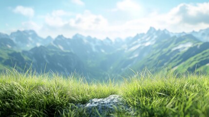Lush green grass in a serene mountainous landscape with soft sunlight and a clear blue sky, creating a peaceful and tranquil atmosphere.