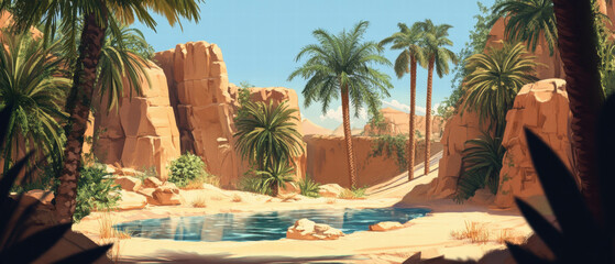 Fototapeta premium Vibrant desert oasis with lush palm trees and a serene pool of water under a clear blue sky