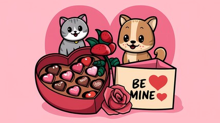 A cute cartoon style wallpaper illustration of a Valentine's Day scene. There's a heart-shaped box of chocolates, a red rose, and a card with the text "Be Mine". There's also a cute cat and a cute dog