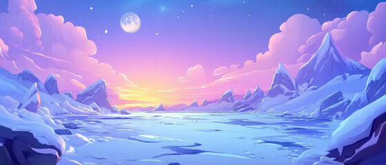 Frozen tundra landscape with twilight colors and icy peaks under a moonlit sky