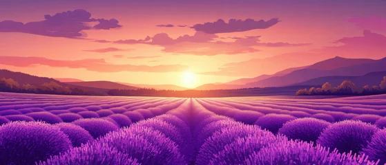 Selbstklebende Fototapeten Scenic lavender field under a vibrant sunset in a tranquil landscape © Artem