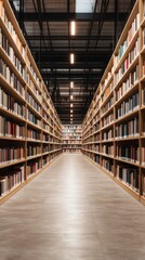 Fototapeta premium A perspective view of a library aisle lined with tall, wooden bookshelves filled with books, creating a warm and inviting atmosphere.