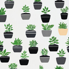 Fototapeta premium Set of drawn green indoor plants in pots on a white flat background, minimalism