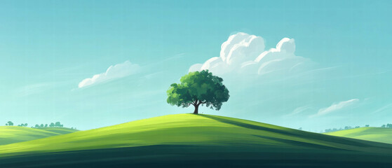 Fototapeta premium Rolling green hills with a single tree under a clear blue sky