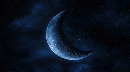 Fototapeta premium A crescent moon glows against a dark blue starry night sky. Ideal for space-themed designs, phone wallpapers, or as a mystical element.