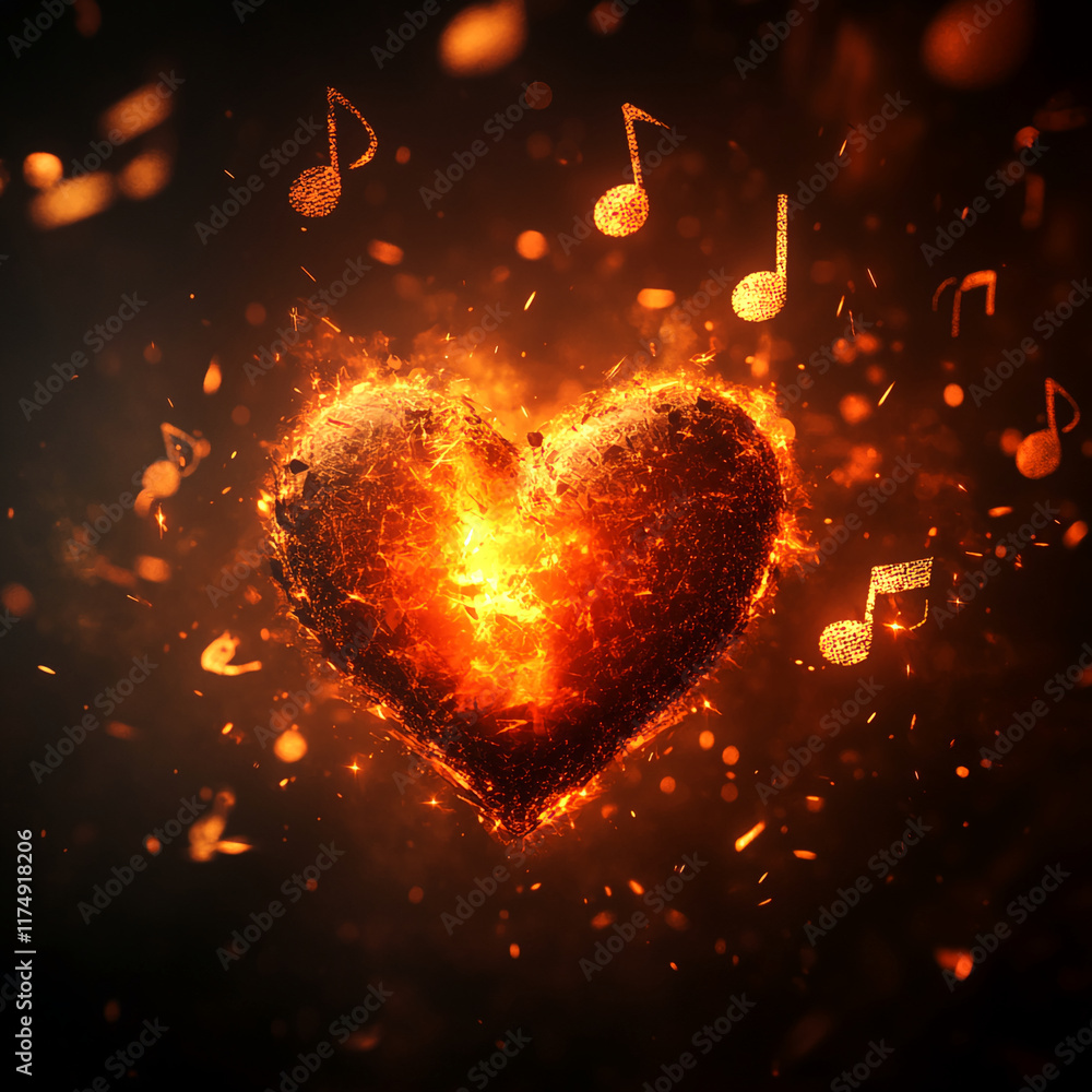 Poster fiery heart with glowing music notes on a dark background. valentine's day background