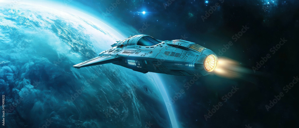 Poster spaceship exploring distant planet with glowing thrusters in cosmic background