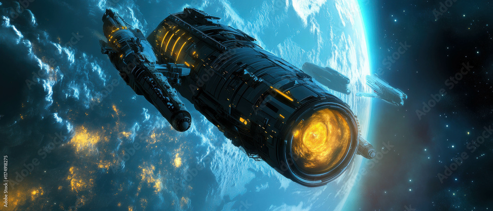 Poster spaceship exploring the vastness of space while orbiting a distant celestial body