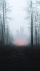 Fototapeta premium A spooky, foggy scene of a haunted castle emerging through misty woods at night, with a faint ominous red glow in the background.