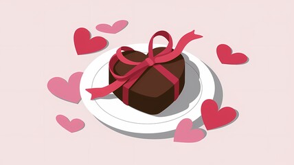 A minimalist illustration of a heart-shaped chocolate with a red ribbon tied around it. The background is a light beige color. The chocolate is placed on a white plate. 