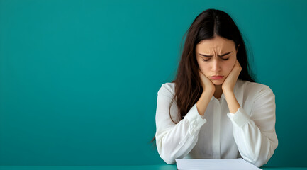 A pensive woman in a white shirt rests her head on her hands, appearing troubled against a teal background.