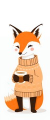 cartoon fox in sweater holding a cup of coffee.