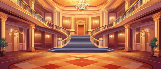 Obraz premium Grand theater foyer with elegant staircase and chandelier, perfect for events