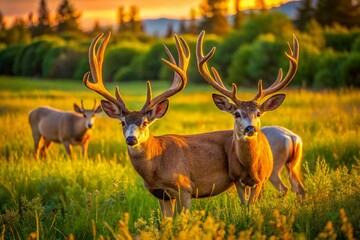 Majestic Mule Deer Bucks with Velvety Antlers in a Lush Grassy Meadow - Drone Photography