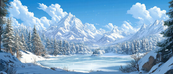 Snowy mountain landscape with a frozen lake under a clear blue sky