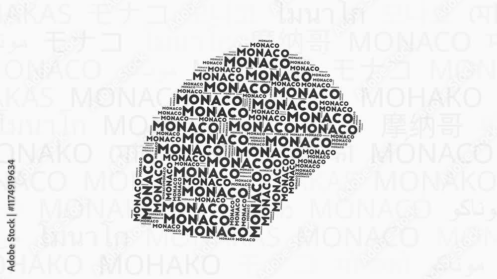 Poster monaco intro animation. country with regions illustration video. background with country names in va