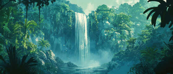 Obraz premium Beautiful waterfall cascading through lush jungle greenery with vibrant foliage