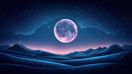 A pink full moon illuminates a dark blue desert landscape under a starry night sky. Ideal for fantasy or sci-fi settings. Wallpaper background phone lock screen.