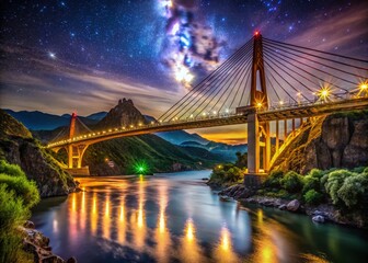 Fototapeta premium Majestic Night View of Puente Baluarte, Durango, Mexico - Illuminated Suspension Bridge