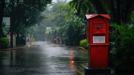 Historic red mailbox stands prominently on a British street, symbolizing timeless communication and cultural heritage.