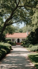 Obraz premium A charming Mediterranean-inspired villa with a red-tiled roof nestled in a lush, verdant garden. A serene path leads through vibrant greenery under a sunlit sky.