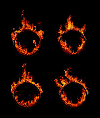 set of four burning hoops on black background