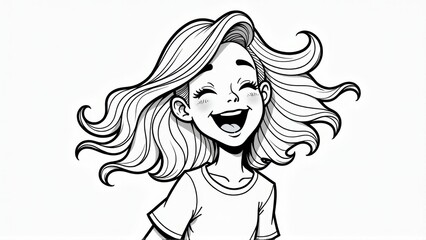 Obraz premium Joyful Girl with Flowing Hair, Coloring Page, Line Art Illustration, isolated white background, Coloring Page, Line Art Illustration, isolated white background