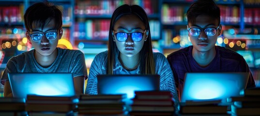 Study group collaborating in a library surrounded by books and laptops late into the evening