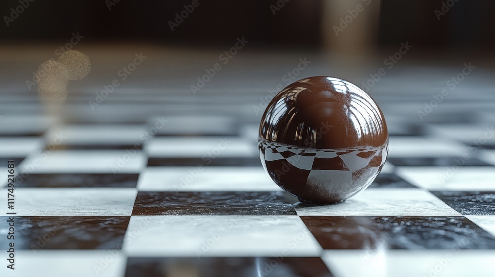 Poster a reflective brown sphere sits on a checkered surface. ideal for websites, presentations, or any des