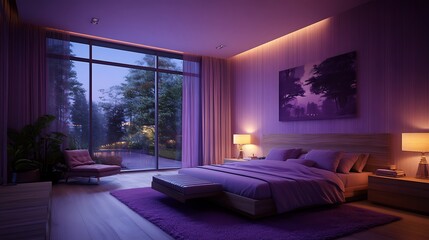 trendy bedroom with light purple tones and wooden decor
